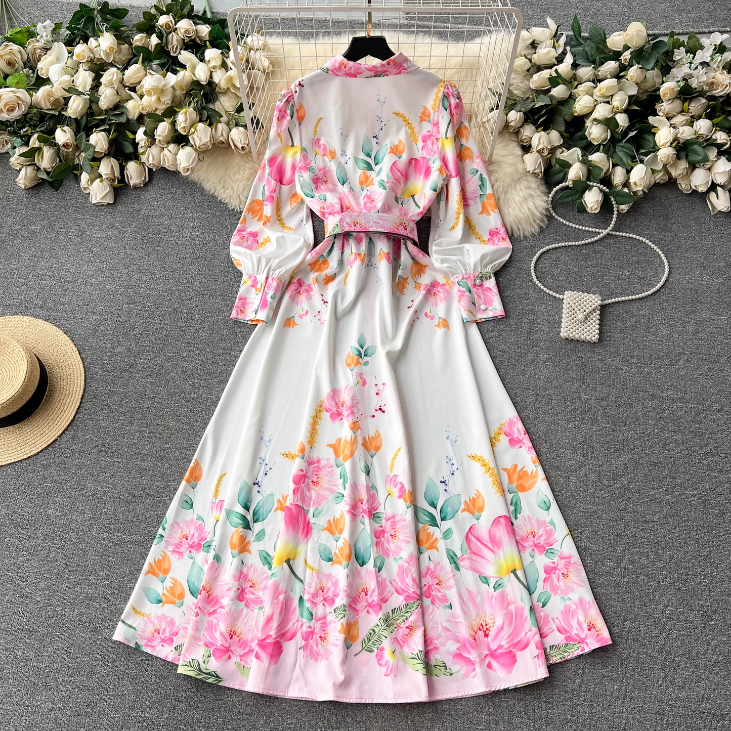 Lantern long-sleeved lapel single-breasted fashion print tie-waist elegant dress YM423