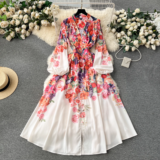 Women's V-neck long printed dress YM1151