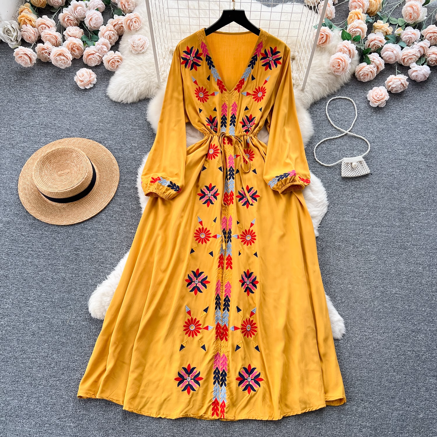 Embroidered V-neck drawstring waist dress for women retro ethnic style holiday dress YM558