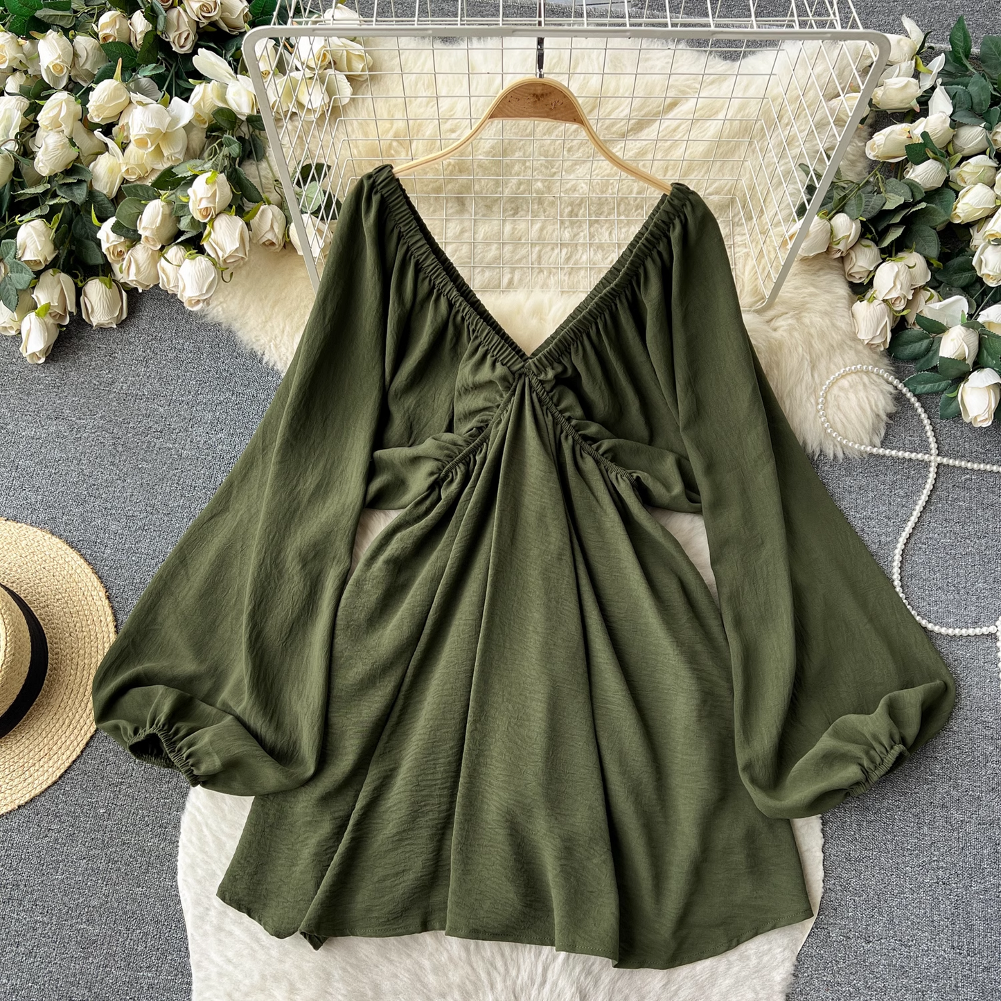 Sexy Deep V Neck Lantern Long Sleeve Dress for Women Vacation Dress YM509