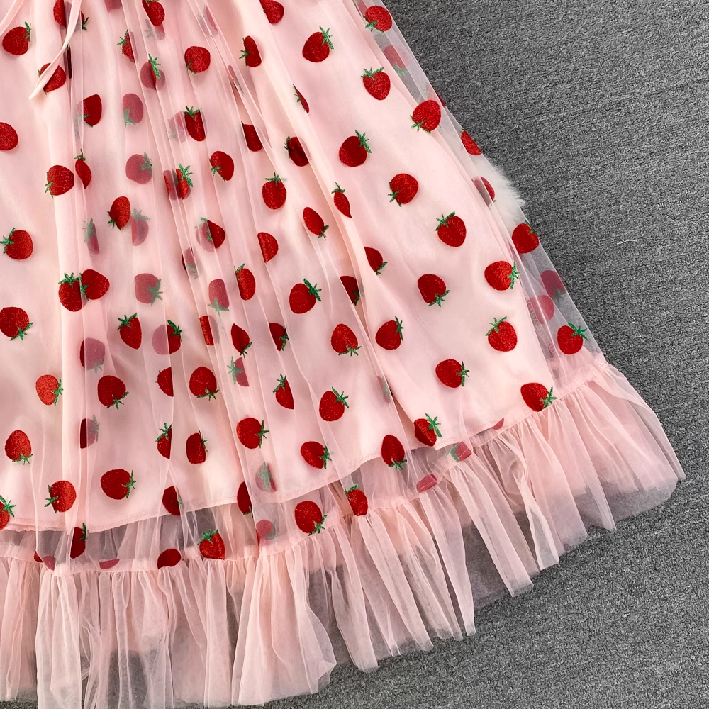 Strawberry V Neck Tulle Summer Dress ,YM222