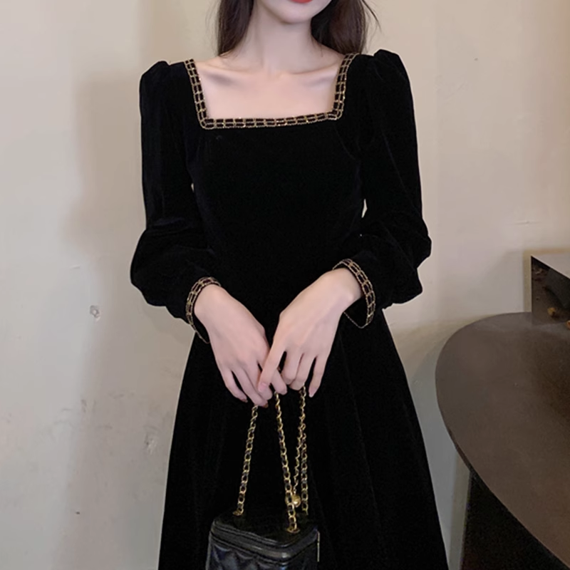 Black velvet retro long dress YM715