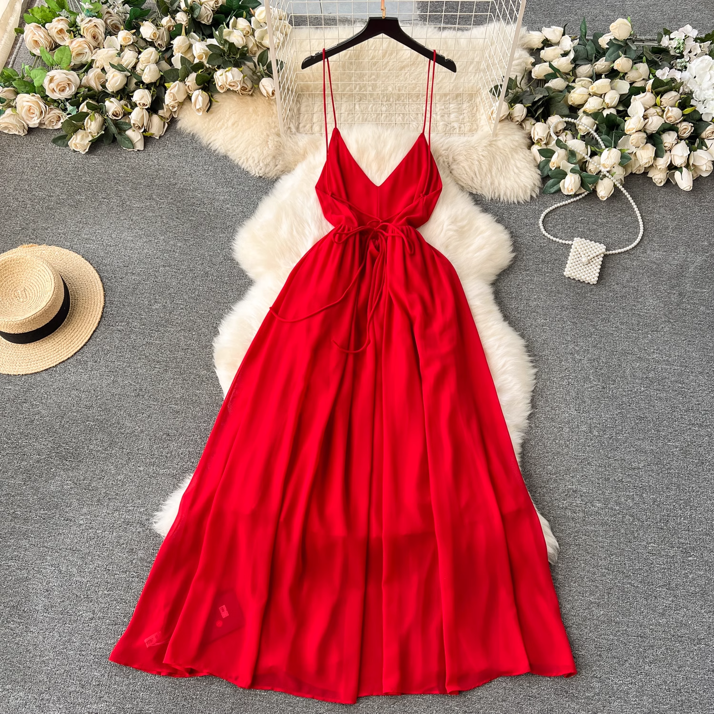 Red V-neck suspender chiffon long dress  YM1197