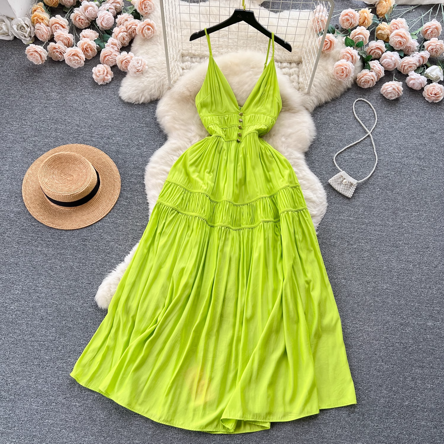 Holiday style pleated V-neck suspender dress for women YM438