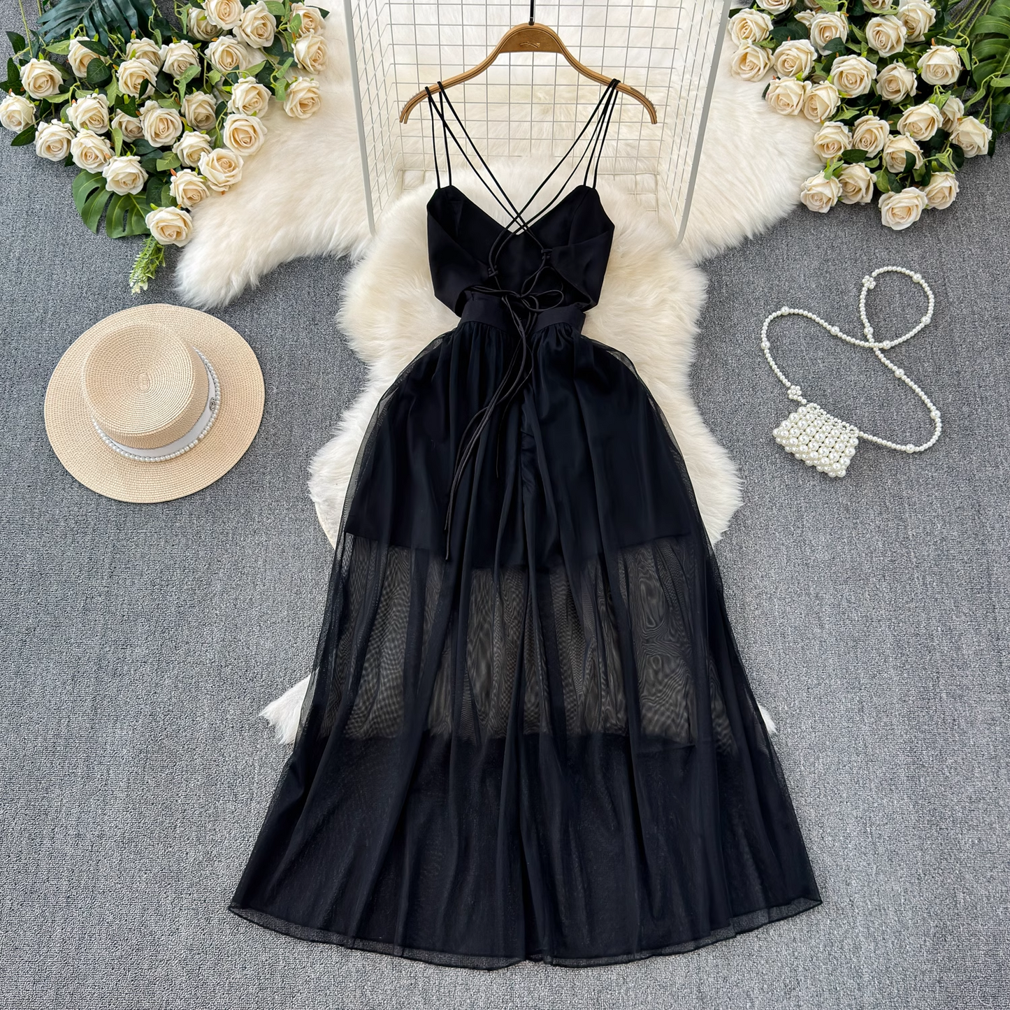 Black A-line V Neck Tulle Dress YM1042