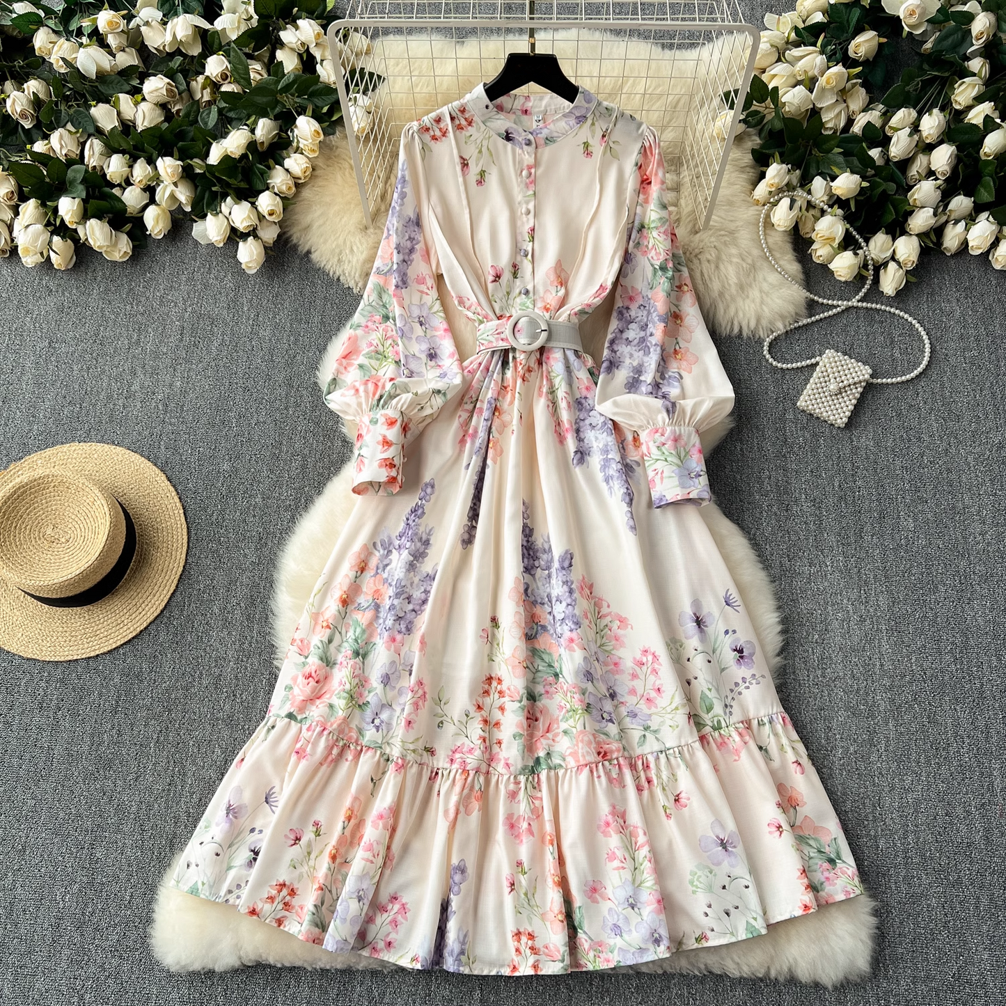 Retro elegant lantern long-sleeved waist printed dress  YM1104