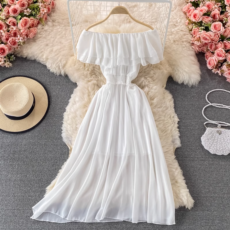 Off-the-shoulder one-shoulder ruffled chiffon dress , YM197