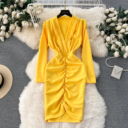 Deep V-neck pleated long-sleeved dress YM1249