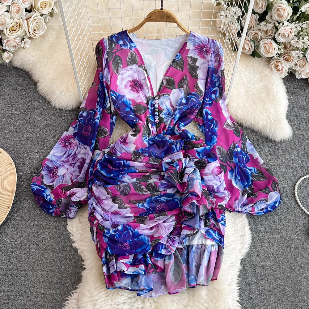 Lantern long-sleeved V-neck pleated printed irregular ruffle dress YM584