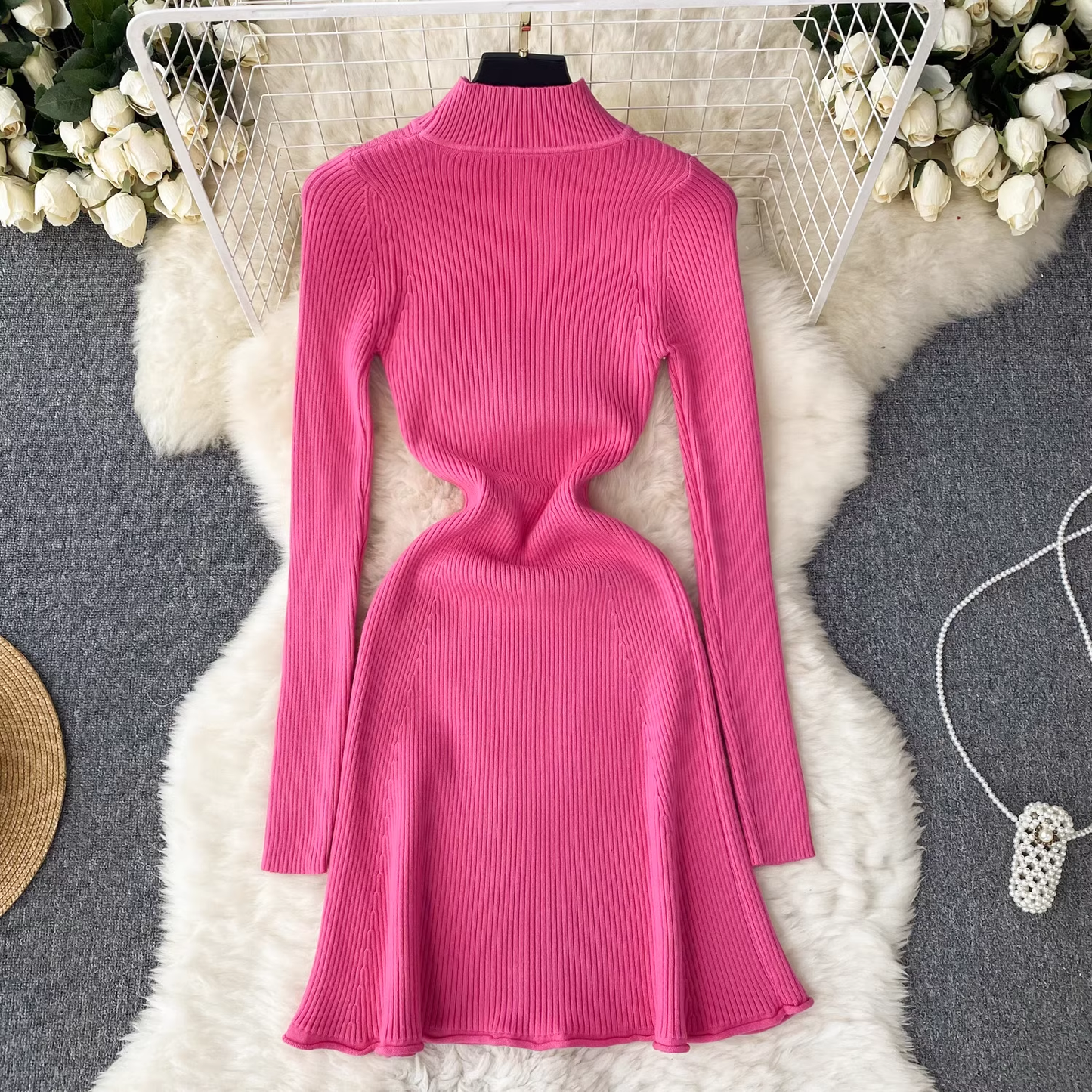 Solid color knitted dress women's autumn and winter half turtleneck tight dress YM514