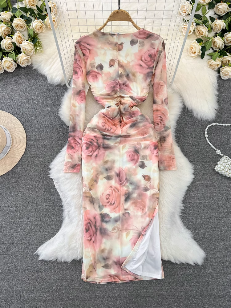 Long-sleeve padded square-neck mid-length slit  printed dress YM883