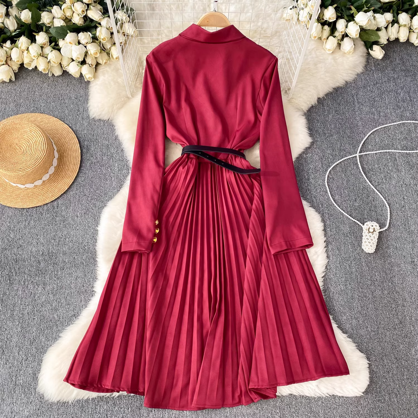 women's suit collar dress high waist pleated dress YM798