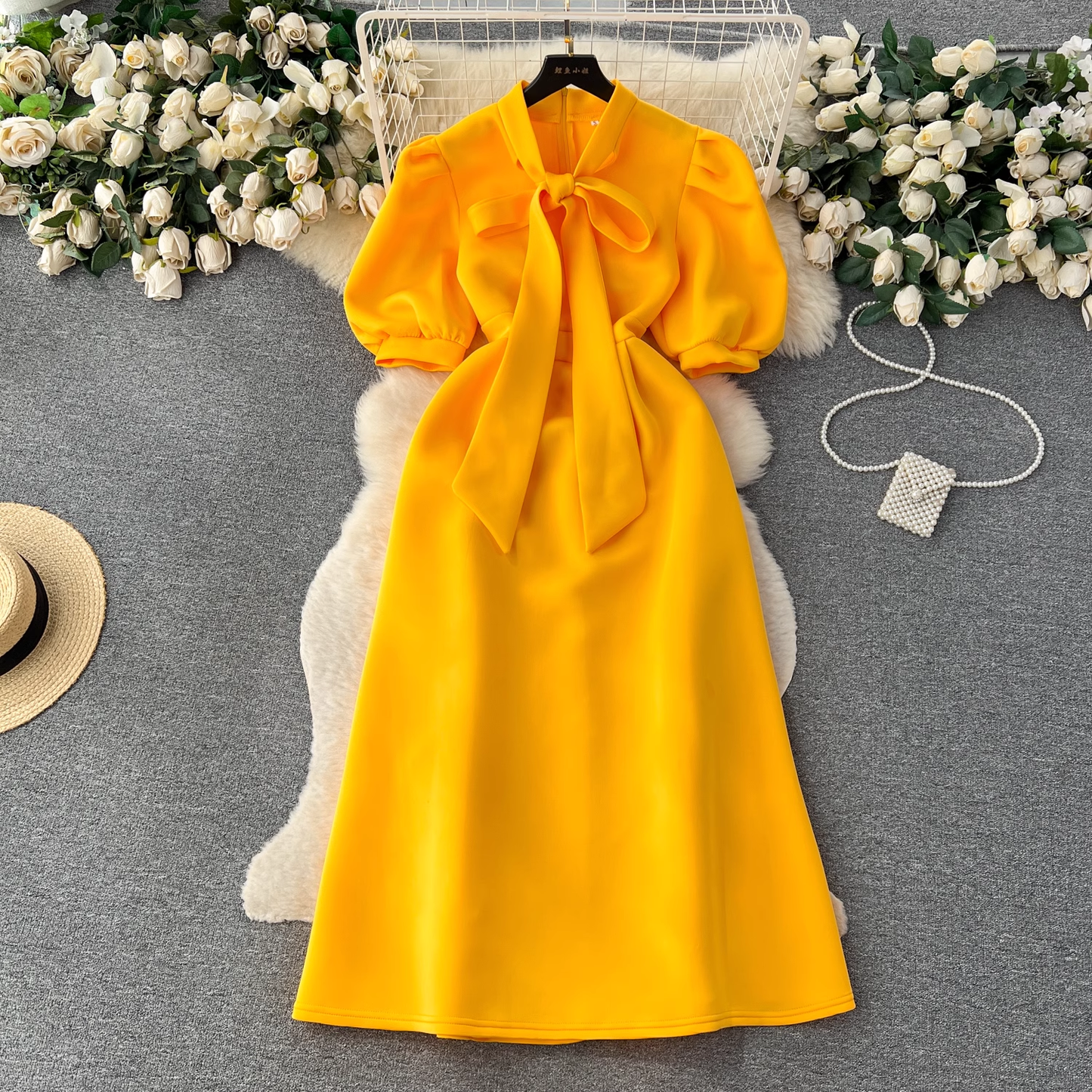 Vintage Bow Tie Puff Sleeve Dress YM453