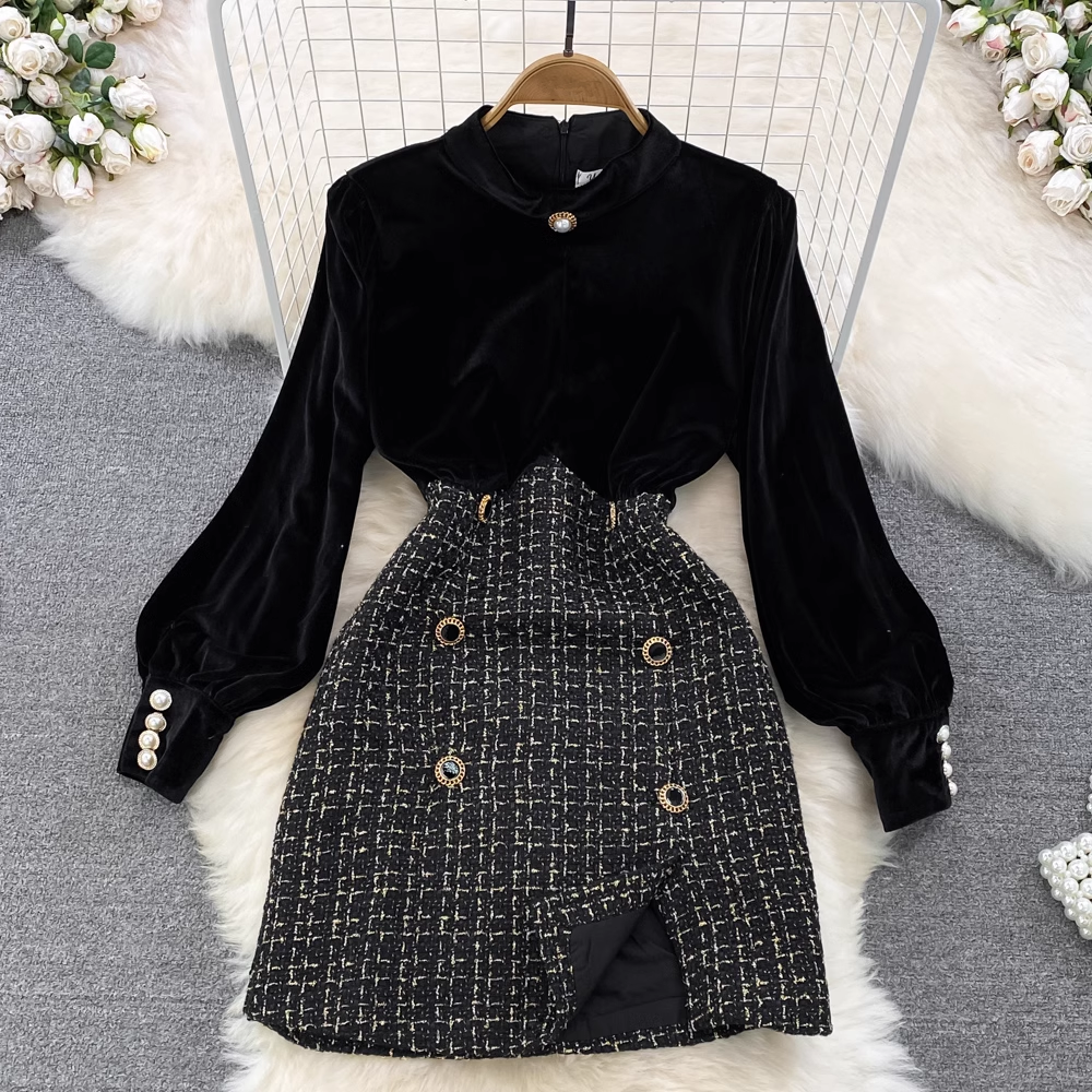 Autumn and winter retro stand-collar velvet long-sleeved splicing tweed a-line dress YM814