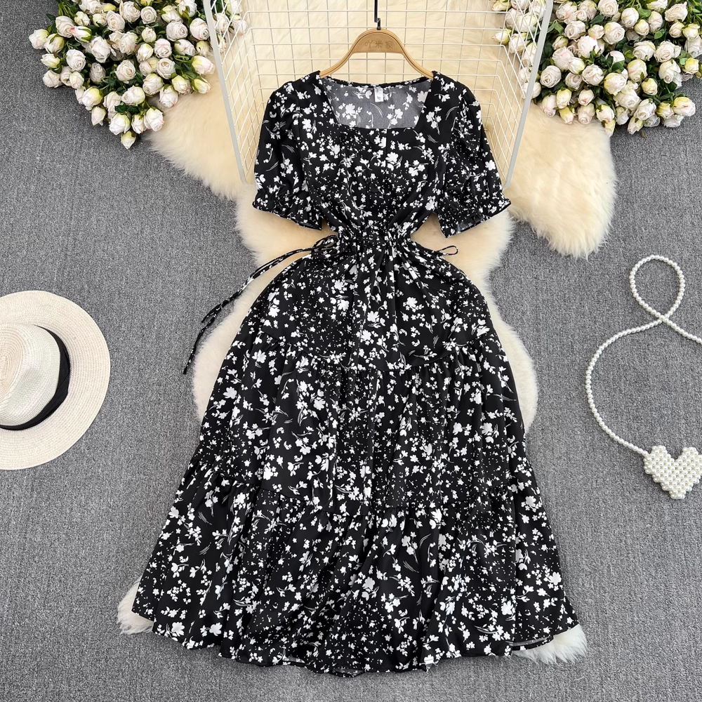 Square collar puff sleeve summer new fluffy princess dress, YM246