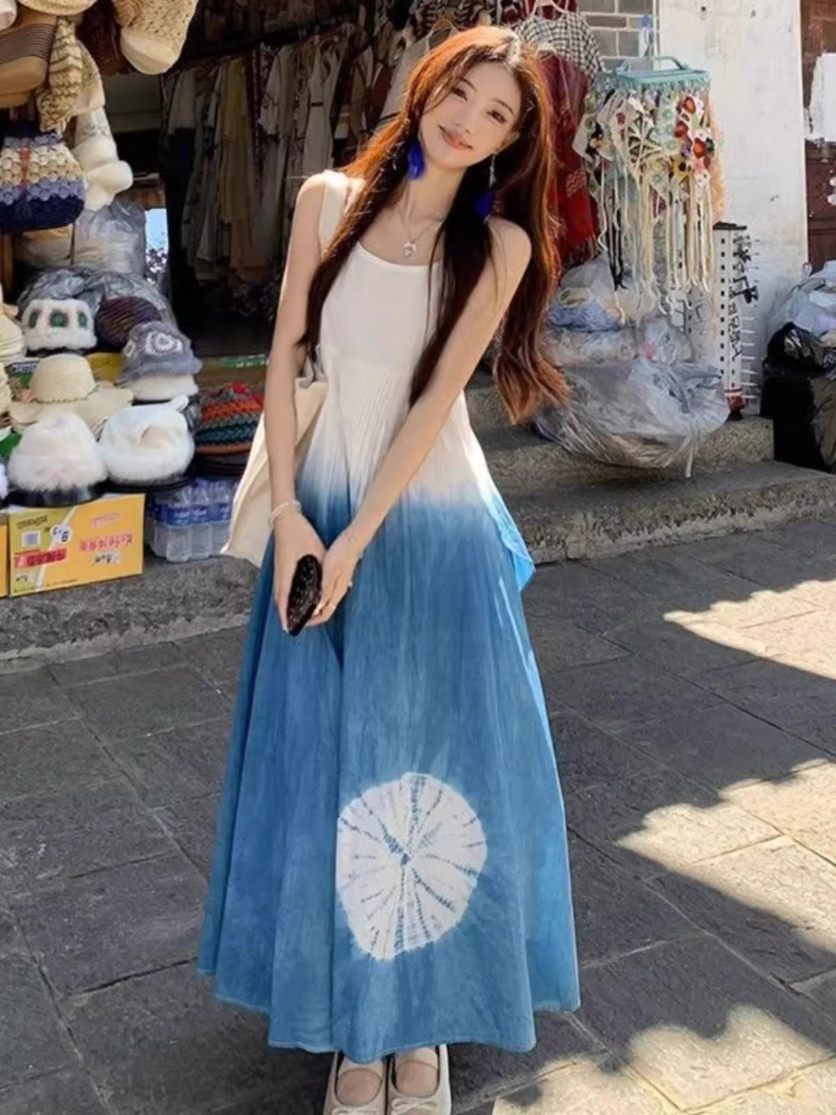 Blue tie-dye suspender dress for women YM1509