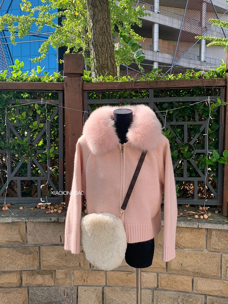 Xiaoxiangfeng Sweater Jacket Hooded Fox Big Fur Collar Lazy Thickened Short Cardigan YM1804