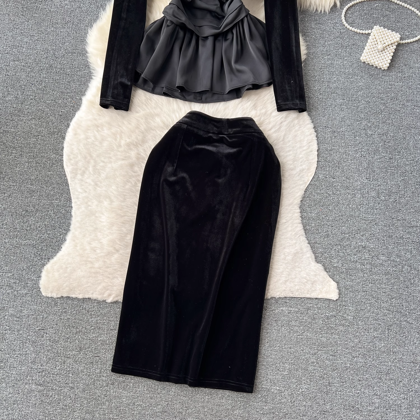 Velvet top women design sense patchwork skirt two-piece dress YM624