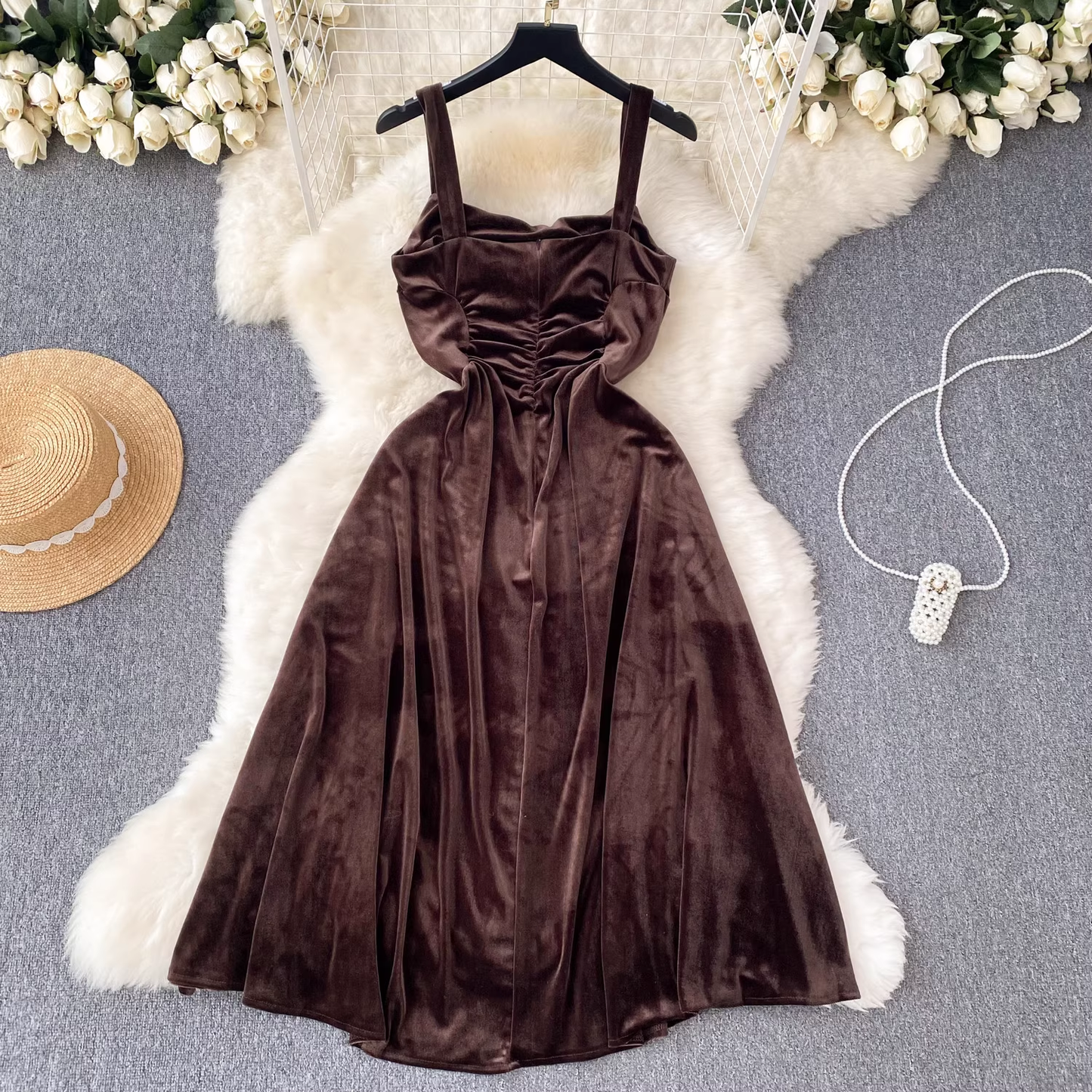 Square collar mid-length A-line retro velvet dress YM618