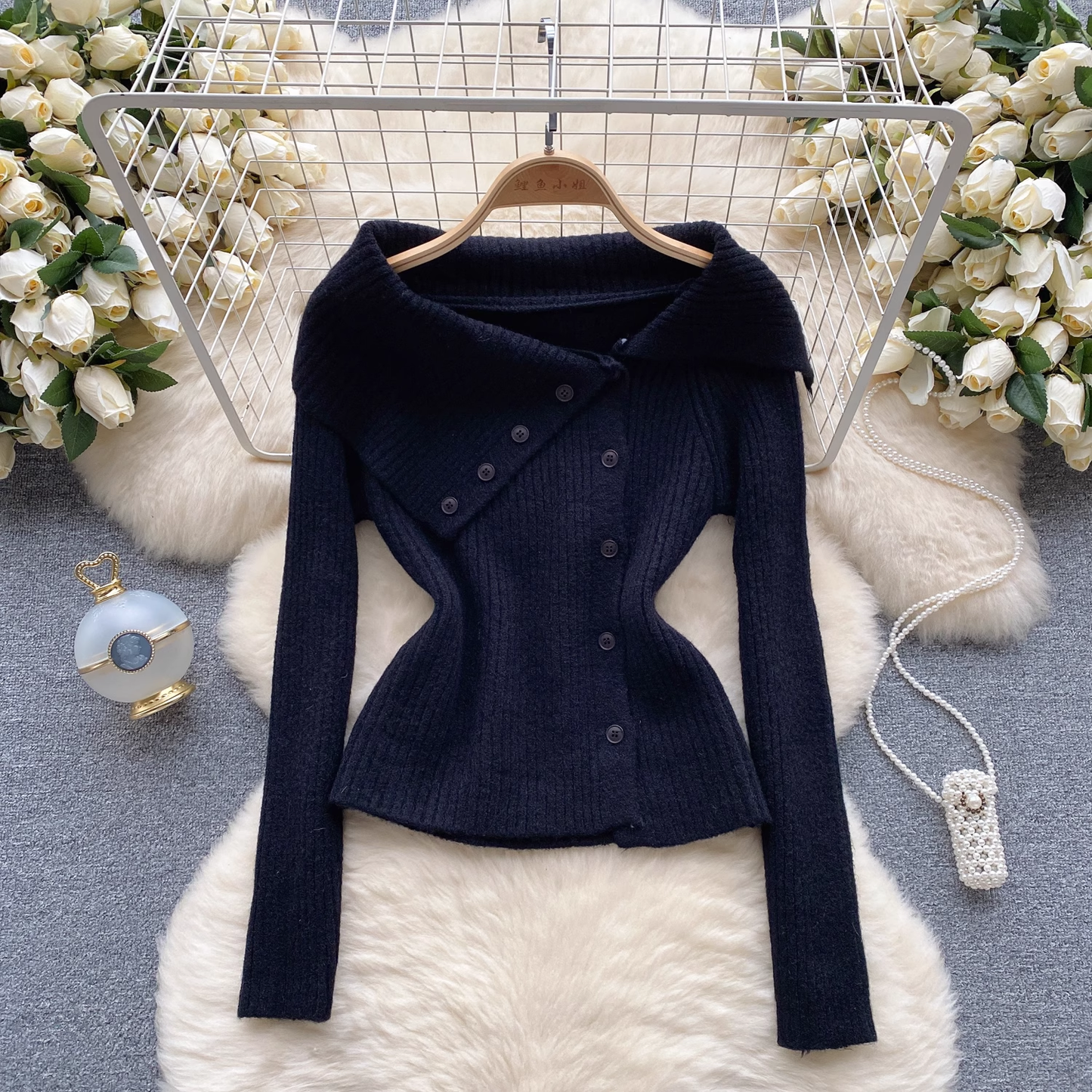 Solid Color Knitted Sweater Women's Autumn and Winter Irregular Design YM637