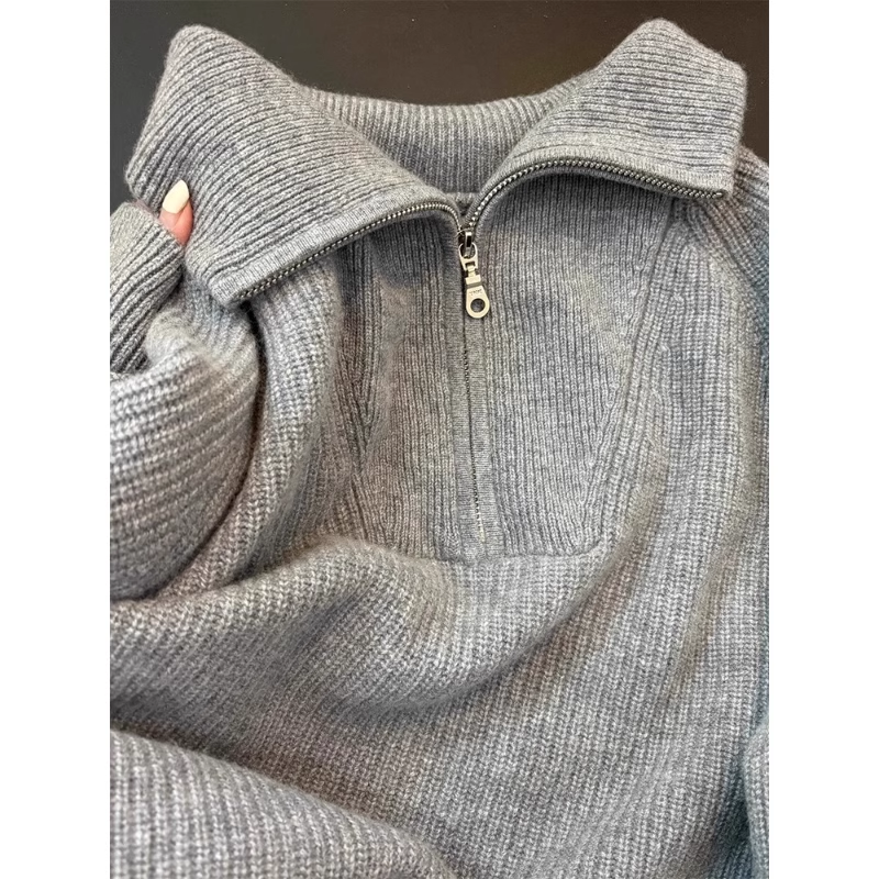 Gray Thick Loose Lapel Pullover Half Zip Sweater YM1872