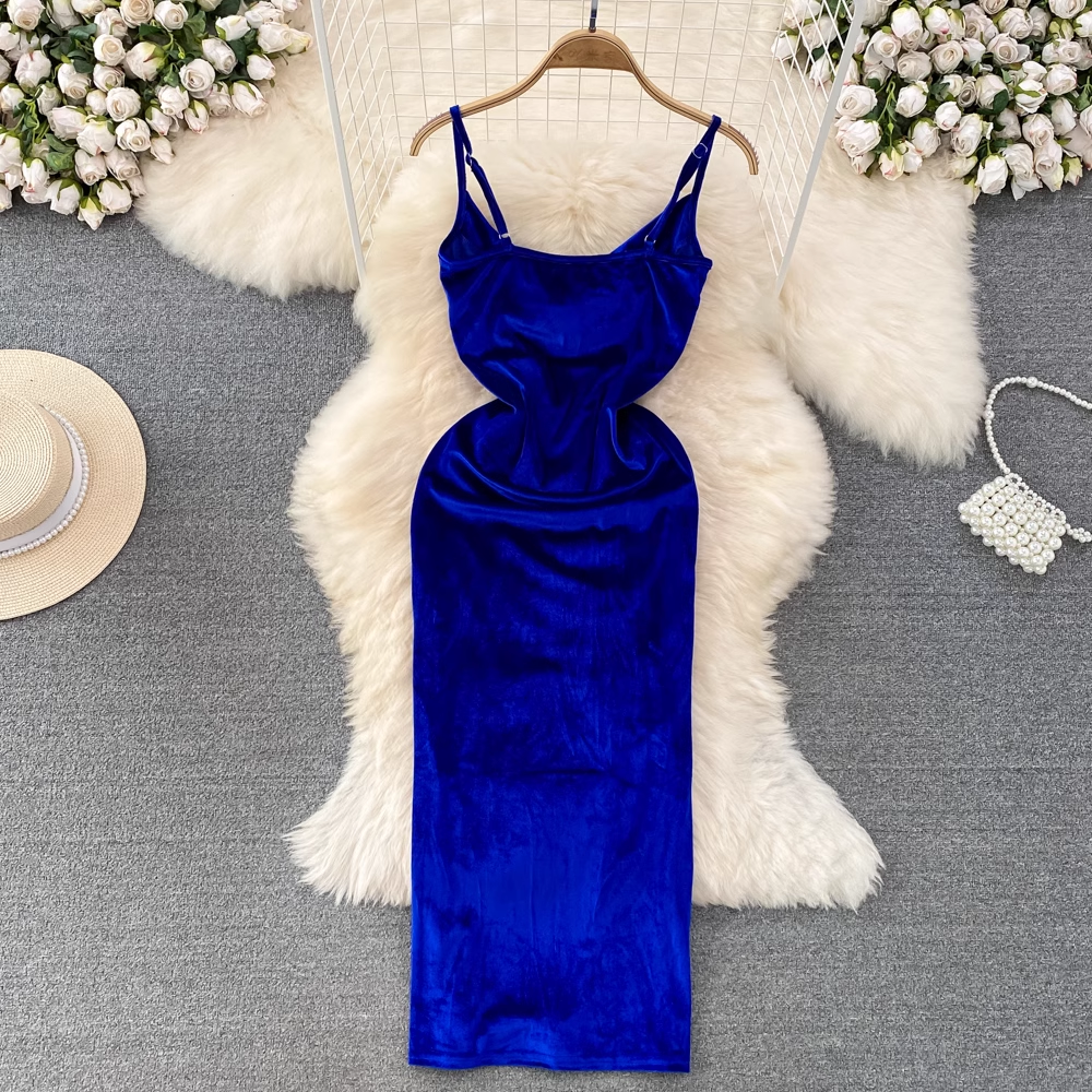 Royal Blue Spaghetti Straps Velvet Party Dress YM291