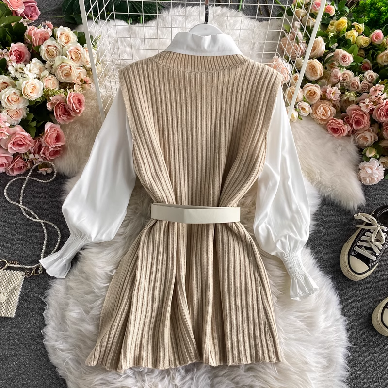 Long Shirt Tie Knit Vest Two-Piece Set, YM259