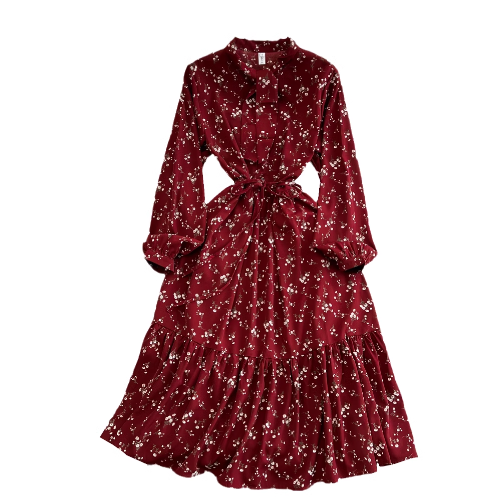 Lantern long-sleeved stand-collar mid-length a-line ruffle floral dress YM585