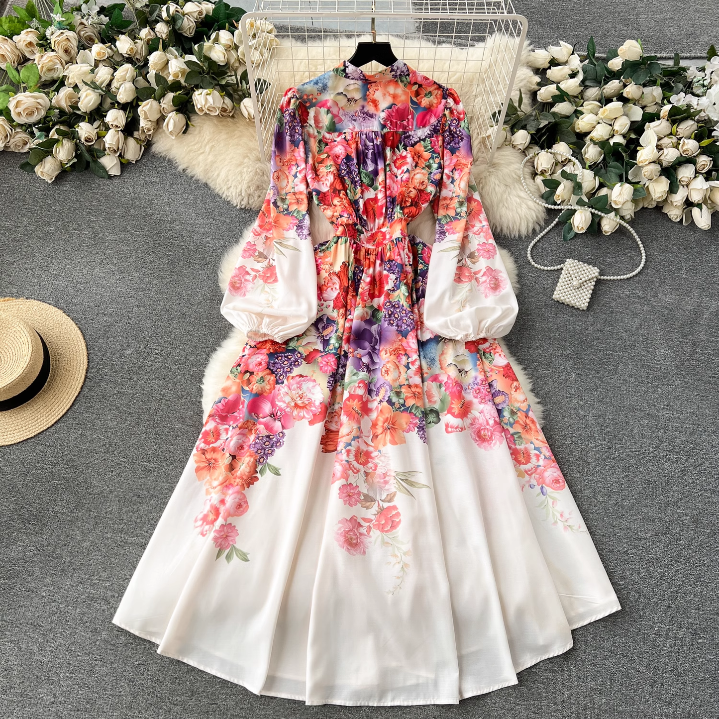 Women's V-neck long printed dress YM1151