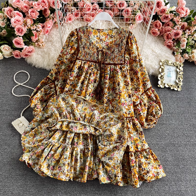 Retro loose square neck floral dress YM766