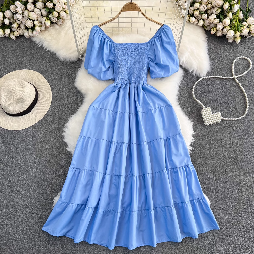 Bubble Short Sleeve Square Neck A-Line Dress Seaside Holiday Swing Long Dress , YM277