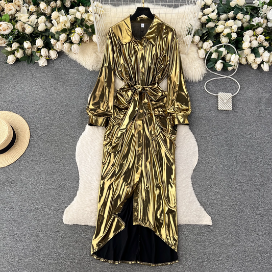 Designed pleated strappy long shirt dress for women YM608