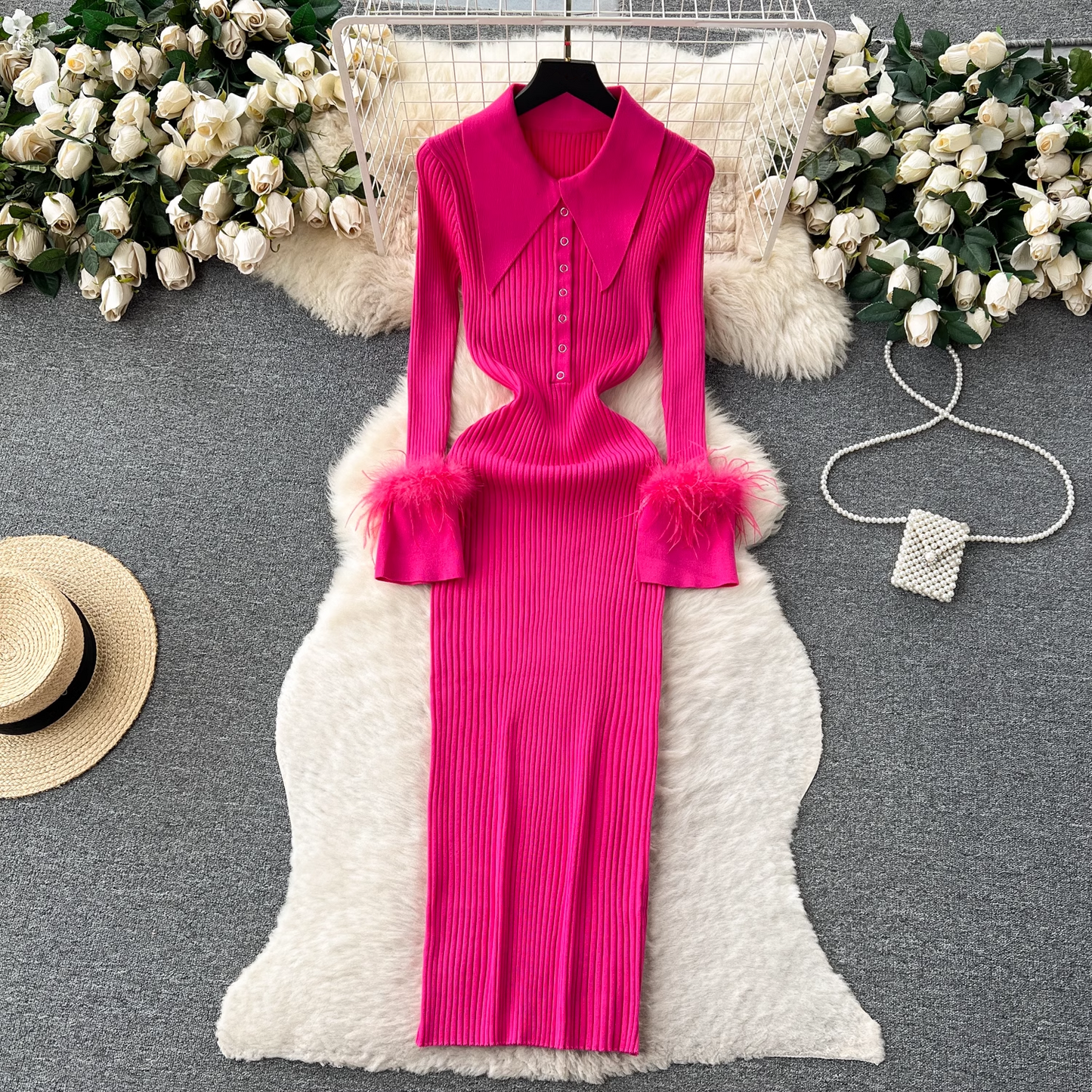 Women's autumn and winter lapel feather tight knitted dress YM499