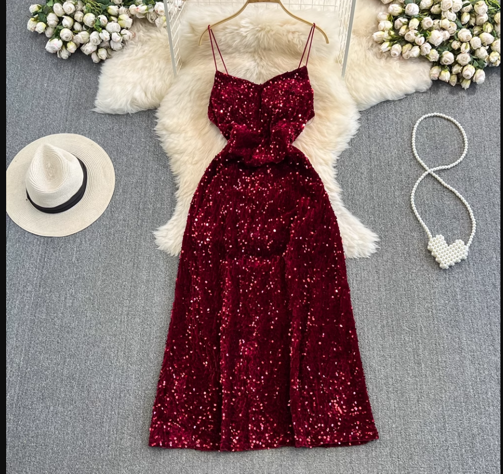 Sleeveless mid-length a-line sparkling sequin suspender dress YM840