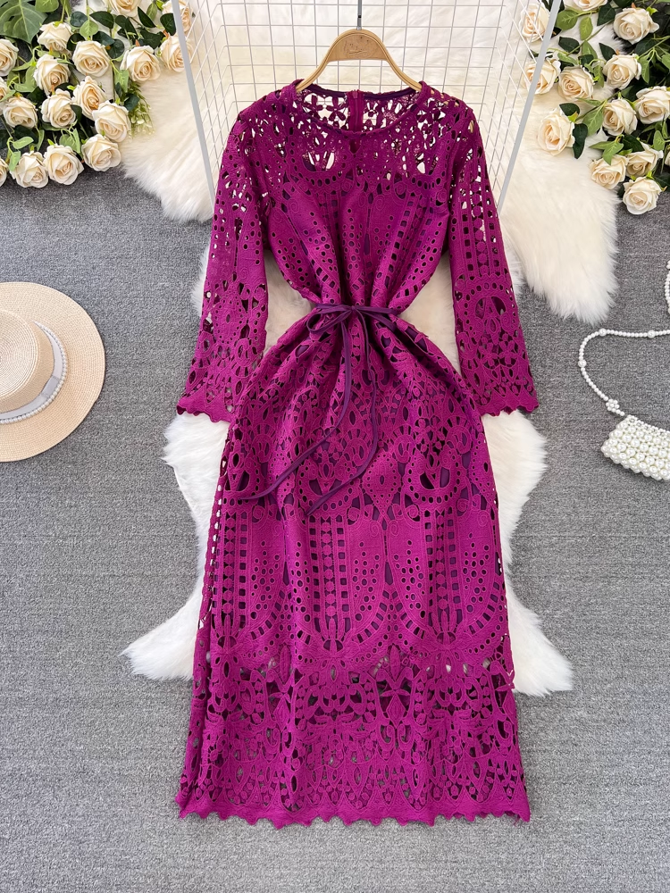 Women's long-sleeved round neck mid-length hollow lace dress YM882