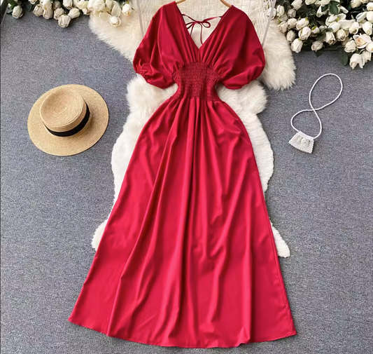 Pure color Puff Sleeves Maxi Dress ,YM62