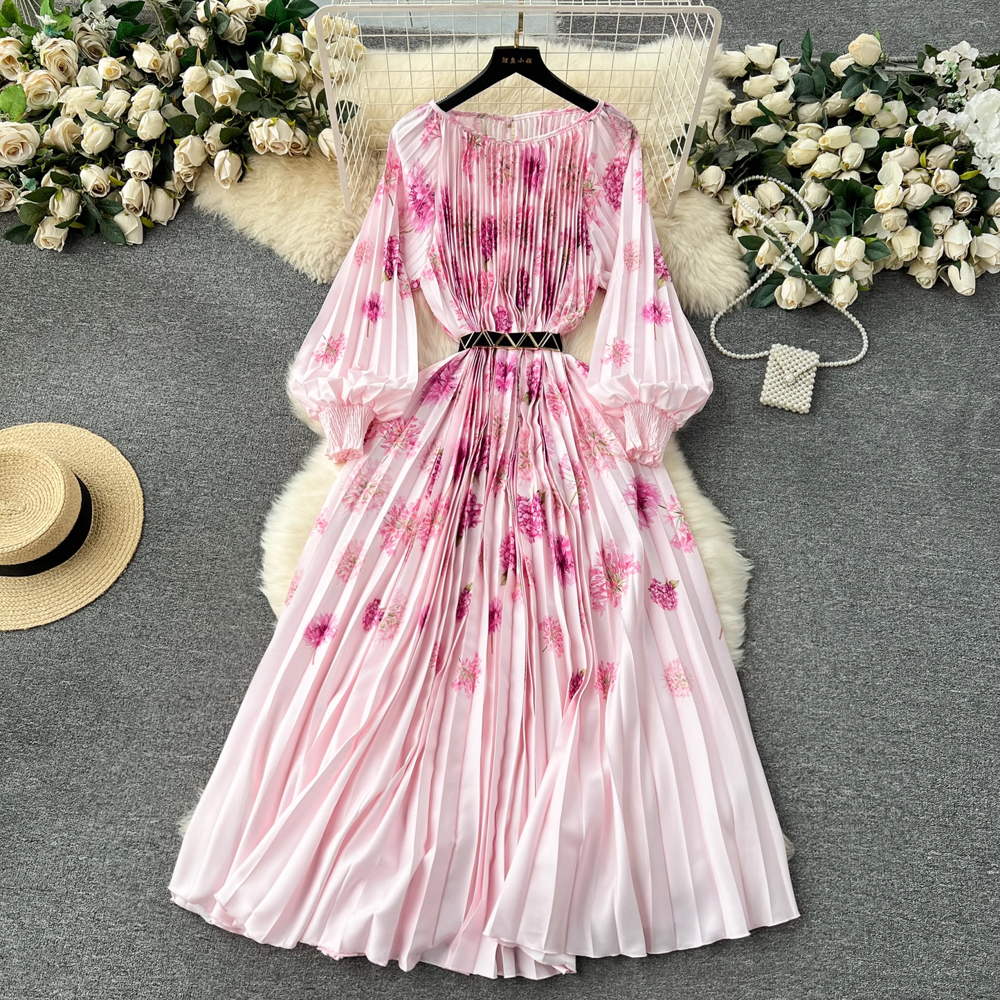 New women's dress printed pleated holiday long dress  YM1179