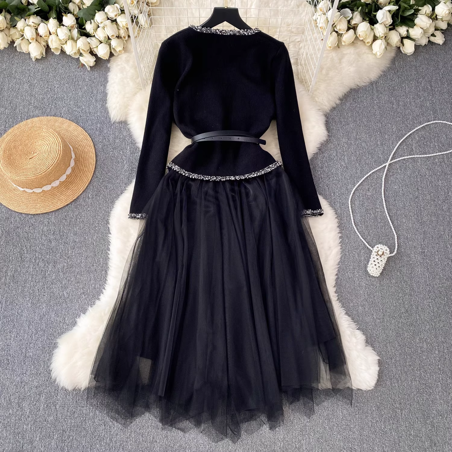 Knitted cardigan versatile suspender dress two-piece suit YM627