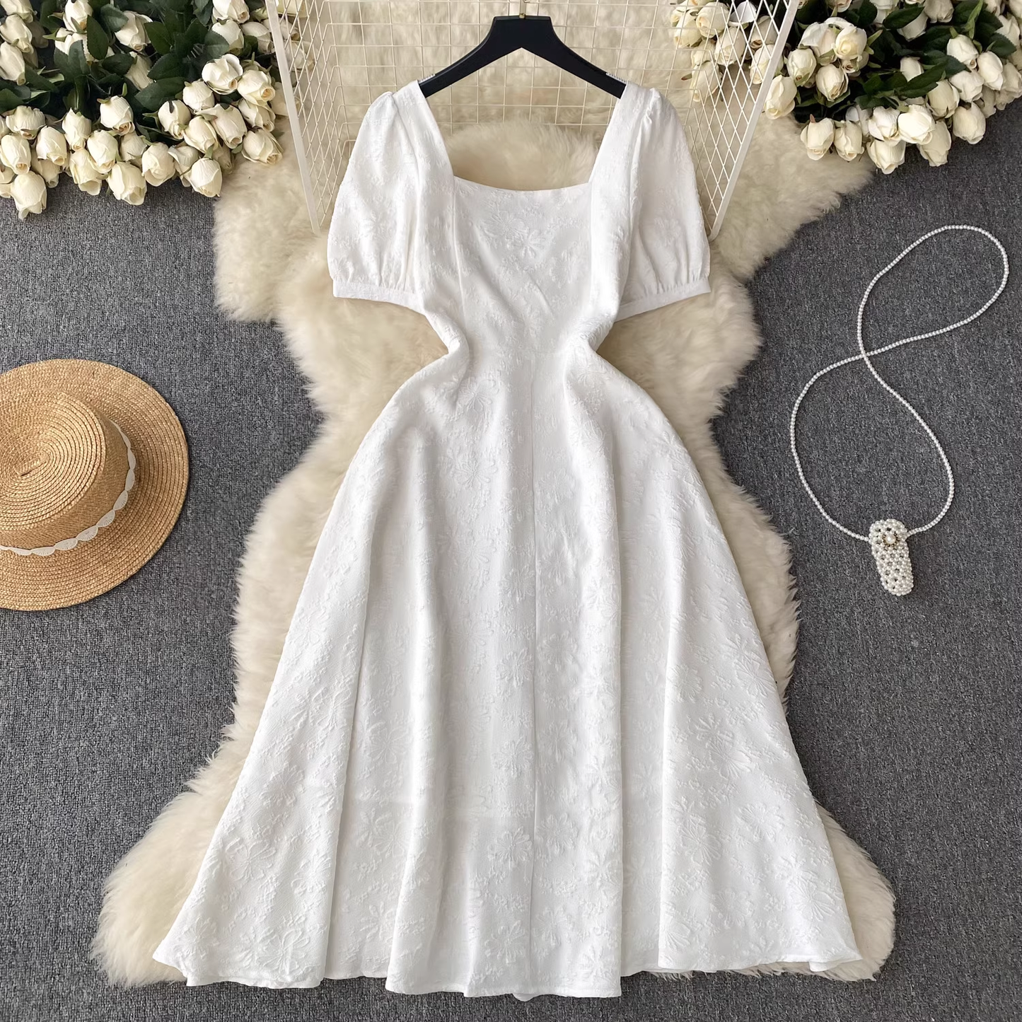 women's summer square collar puff sleeve dress,YM123