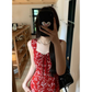 Red Floral Suspender Dress Women's Slim Slit Dress YM471