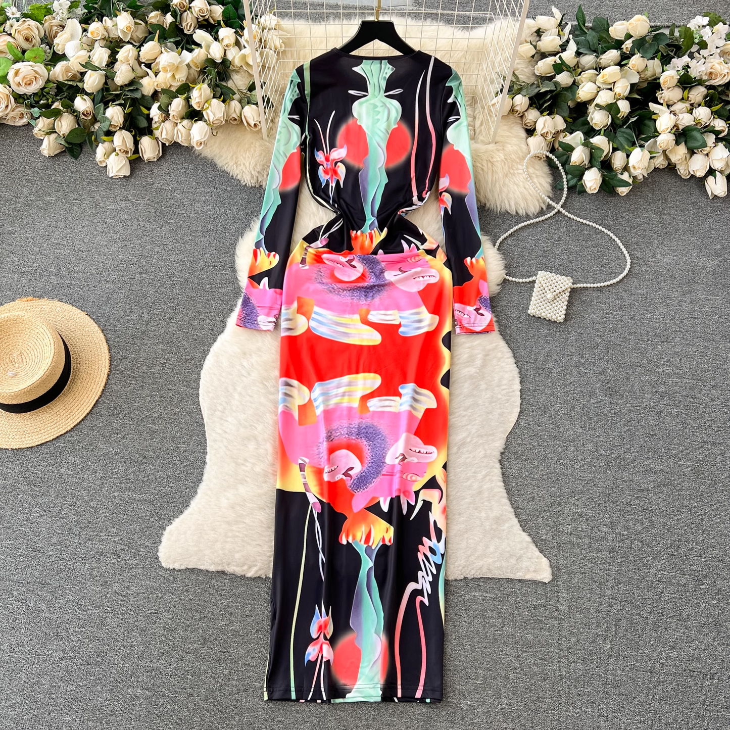 Retro fashion printed hip-hugging dress YM435