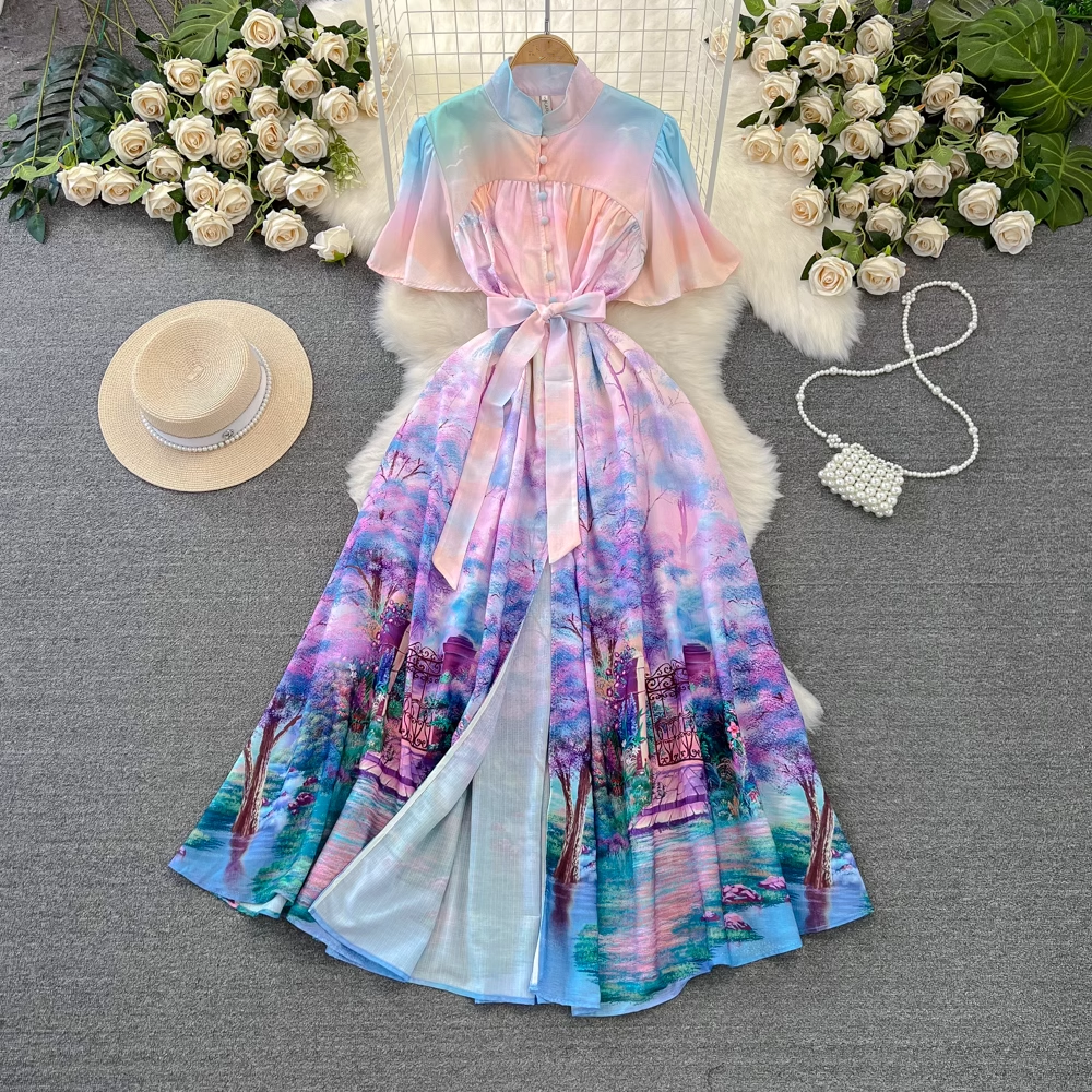 Ruffle sleeve stand collar a line printed dress YM980