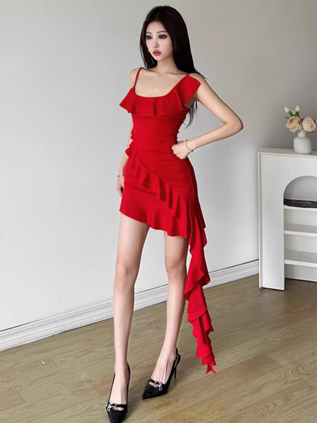 Red irregular sexy short dress YM1326