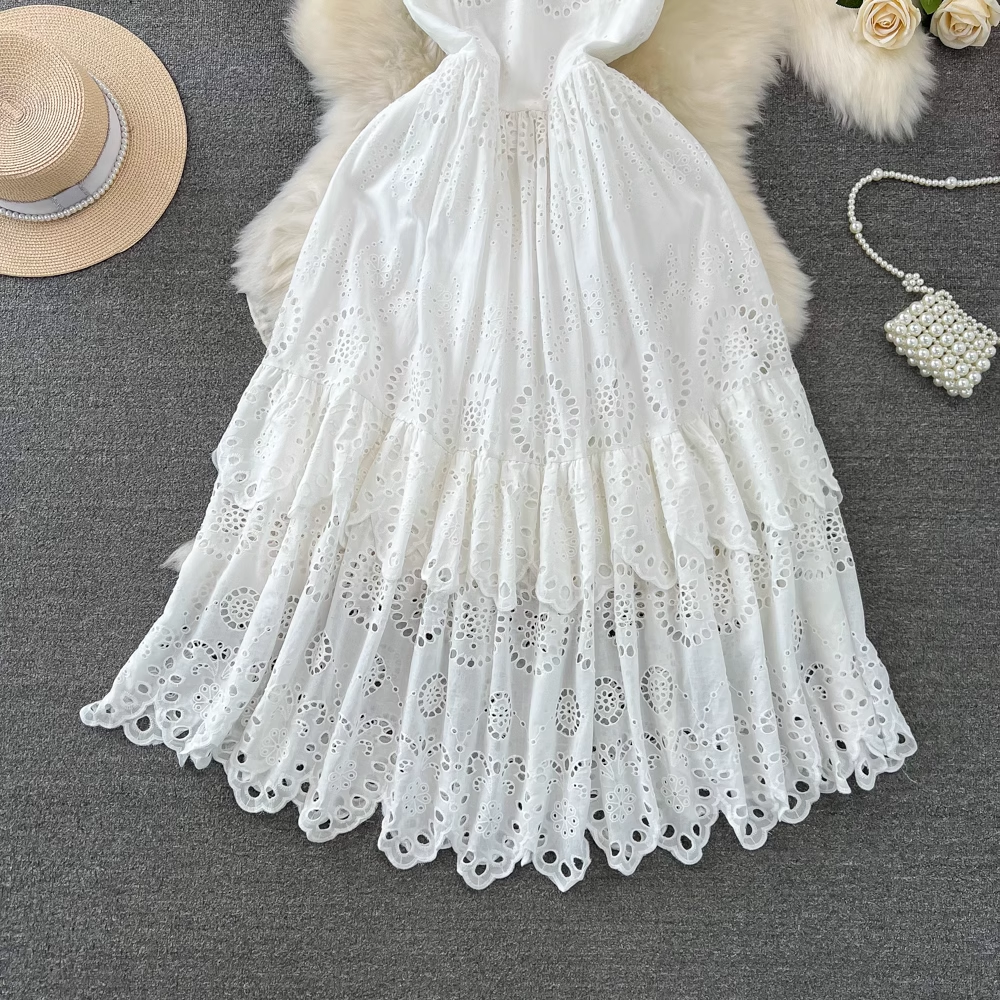 Mid-length a-line hollow white dress bohemian seaside vacation beach dress YM899