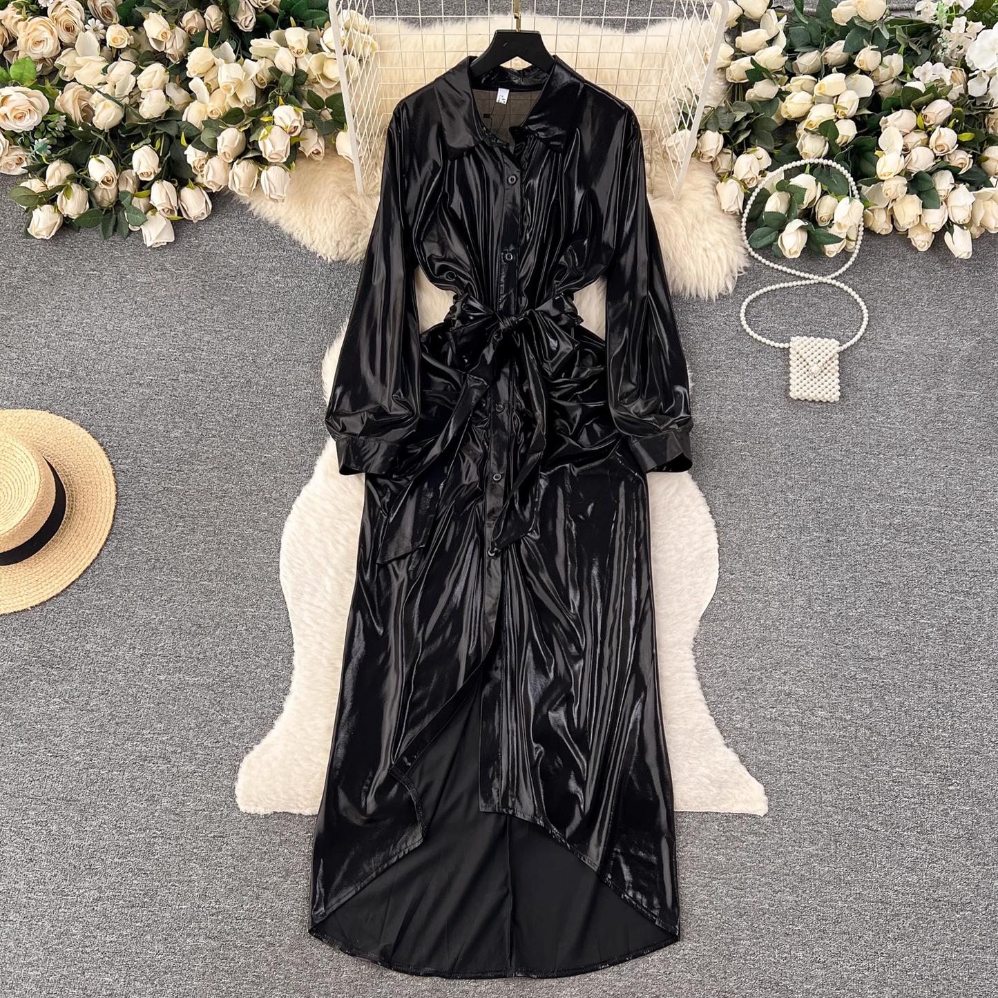 Designed pleated strappy long shirt dress for women YM608