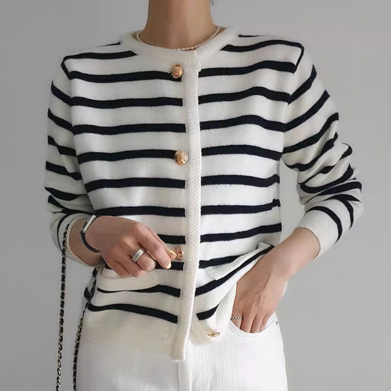 Autumn and winter retro black and white striped knitted cardigan jacket YM414