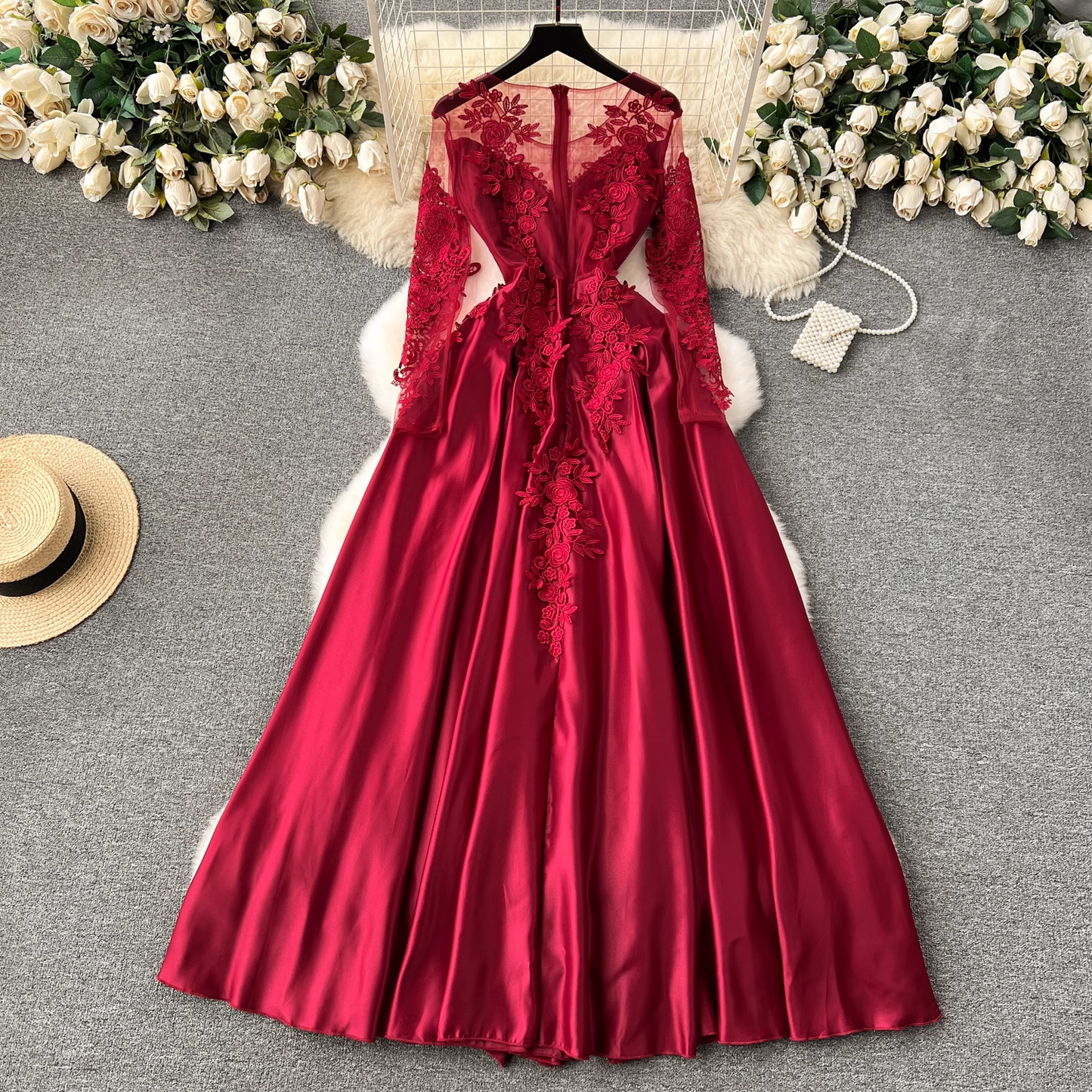 Red long-sleeve A-line dress YM1121