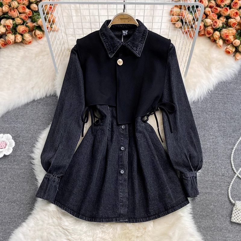 Fake two-piece vest lapel denim dress YM827