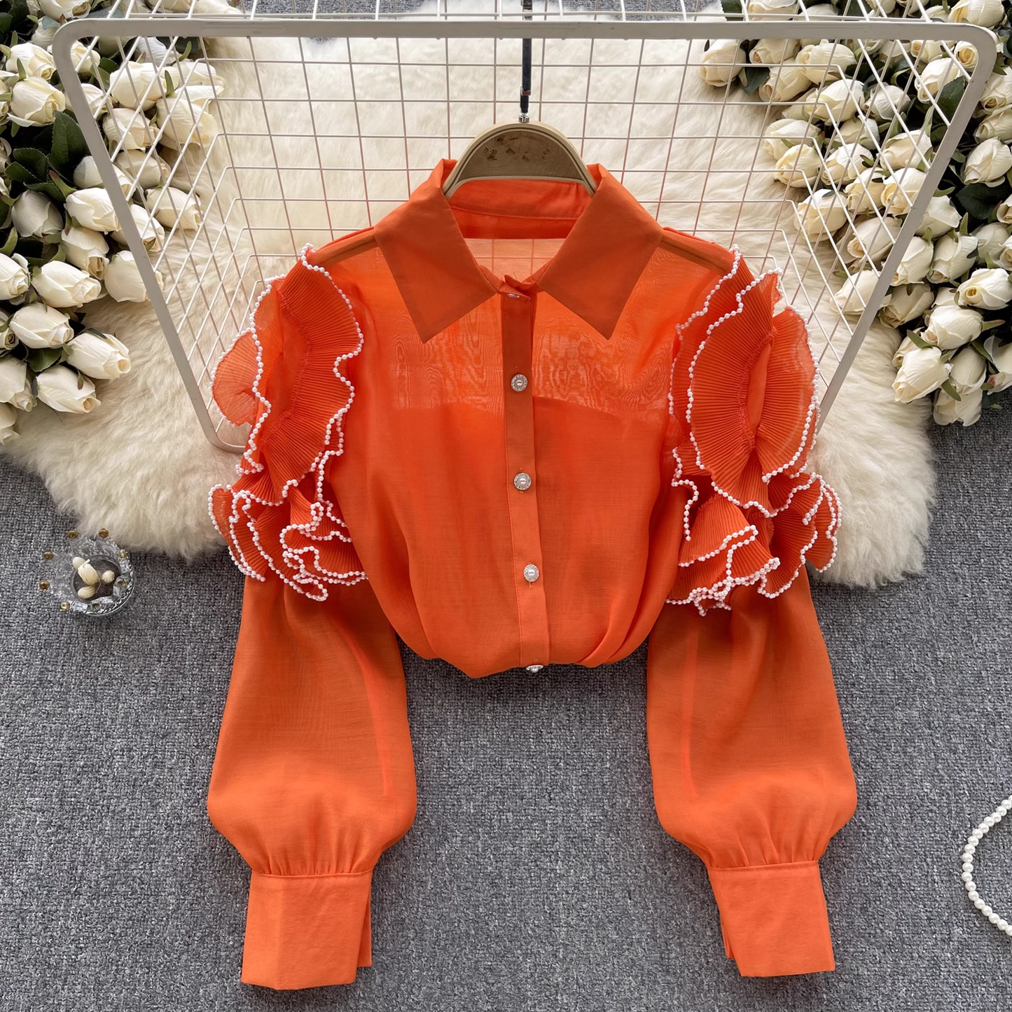 women's summer three-dimensional flower long sleeve mesh blouses YM353