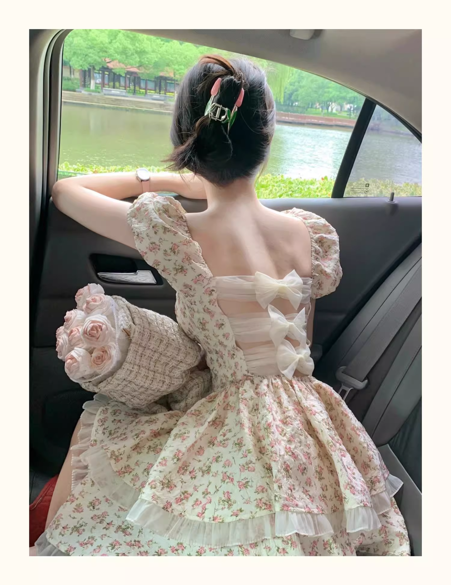 Floral dress with hollow bow on the back Princess Tutu Dress  YM1506